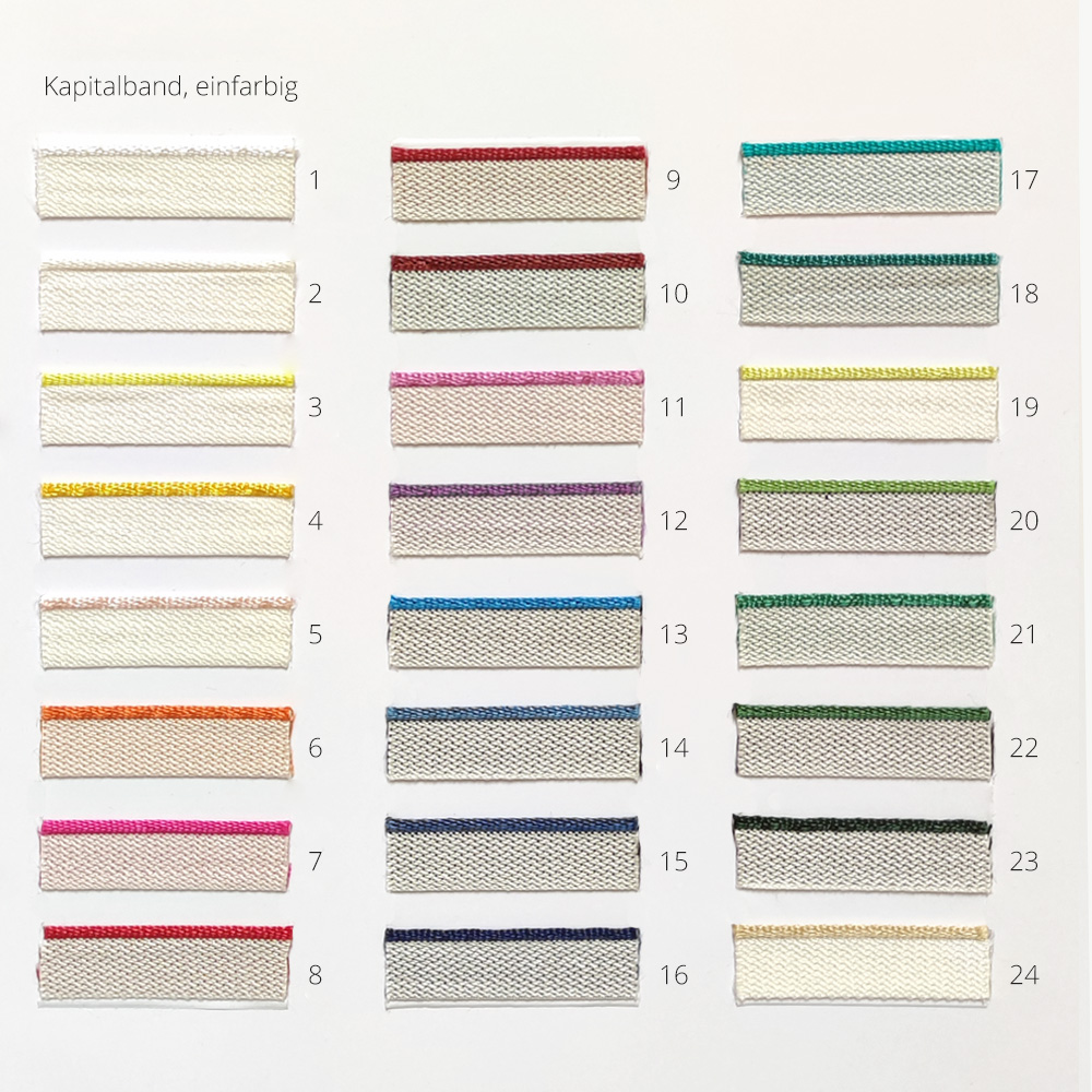 Unsere Produkt Farbpalette für einfarbiges Kapitaband für Hardcoverbücher