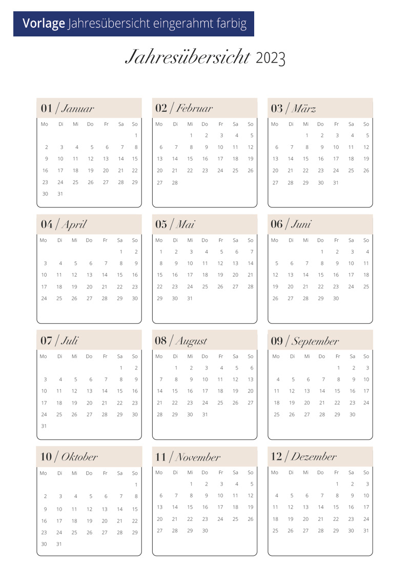 Vorlage Kalendarium Jahresübersicht eingerahmt farbig für Planer