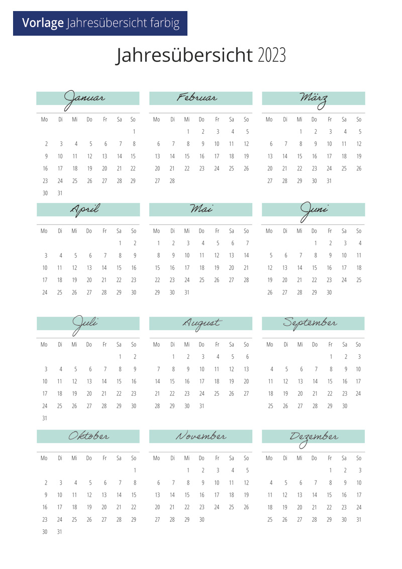 Vorlage Kalendarium Jahresübersicht farbig für Planer
