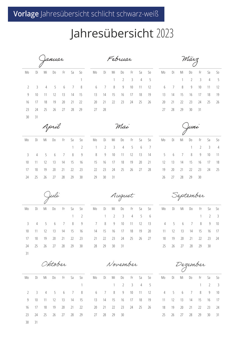 Vorlage Kalendarium Jahresübersicht schlicht schwarz-weiss für Planer