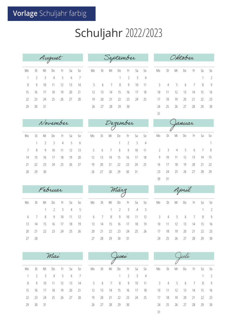 Vorlage Kalendarien Planer Schuljahr farbig für Schulplaner