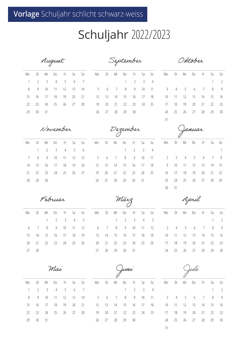 Vorlage Kalendarien Planer Schuljahr schlicht schwarz-weiss