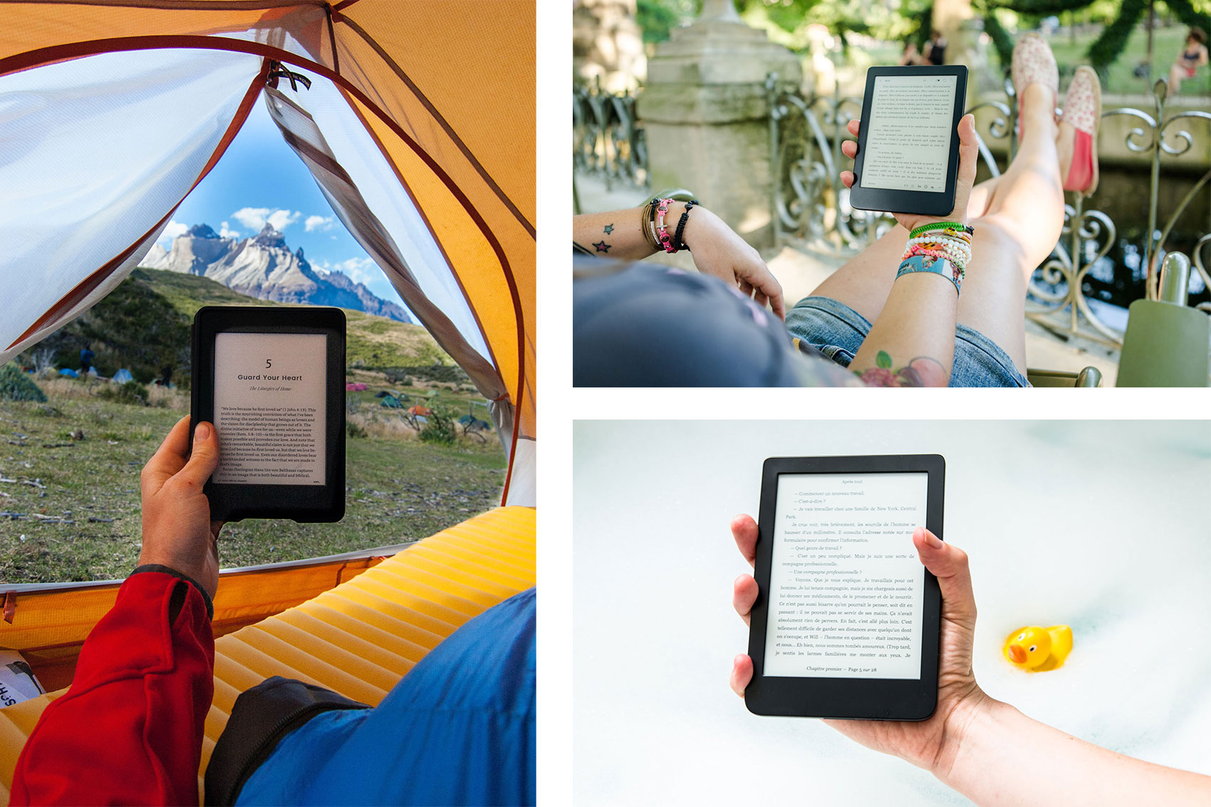 E-Books gehalten vor verschiedenen Landschaften