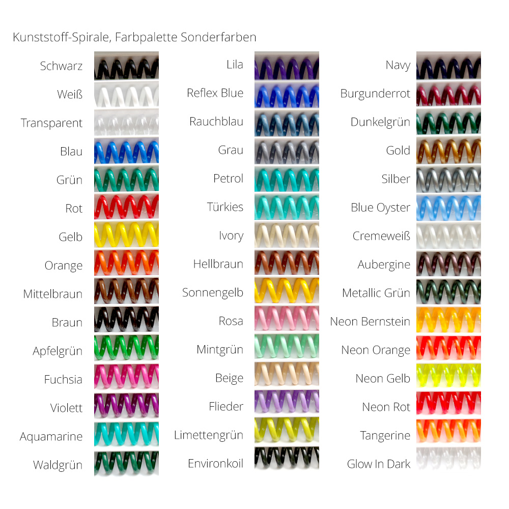 Unsere Produkt Farbpalette für die Kunststoff-Spiralbindung